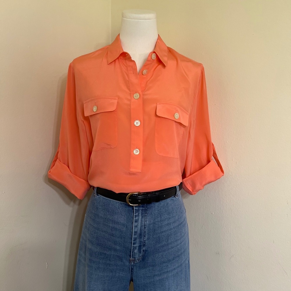 Banana Republic Womens Coral 100% Silk Driver Blouse Roll Tab Sleeve Shirt M